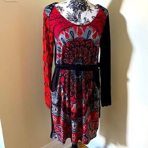 Desigual dress  -XL - red/black pattern with velvet ribbon tie